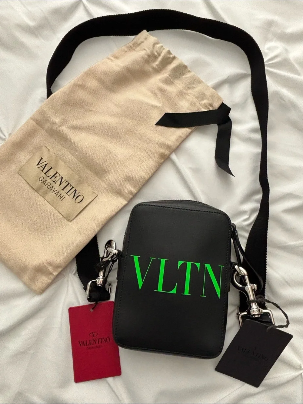 Valentino Garavani Unisex Black Leather Bag with Neon Green VLTN Logo NWT